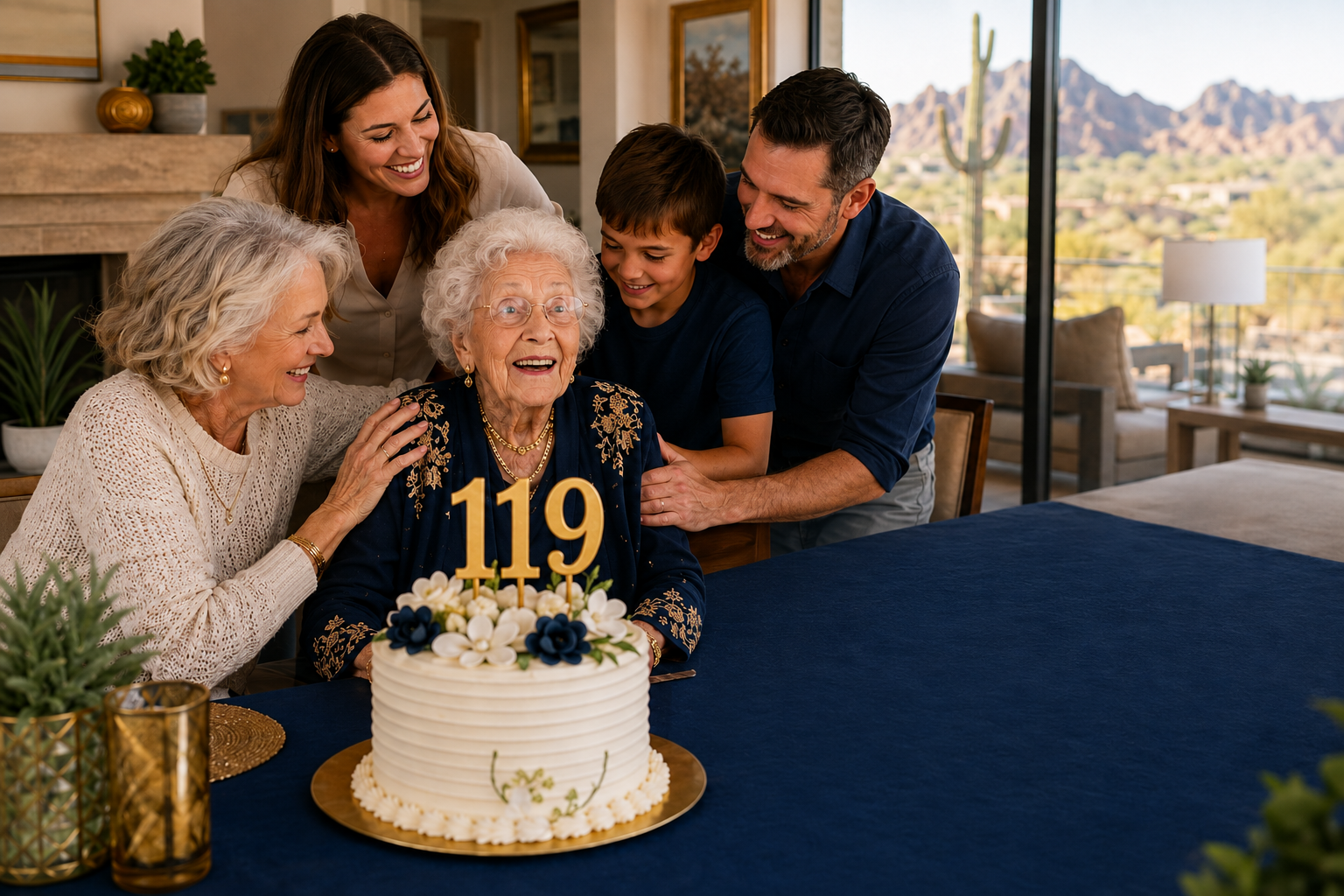 A woman celebrating her 119th birthday with her family
