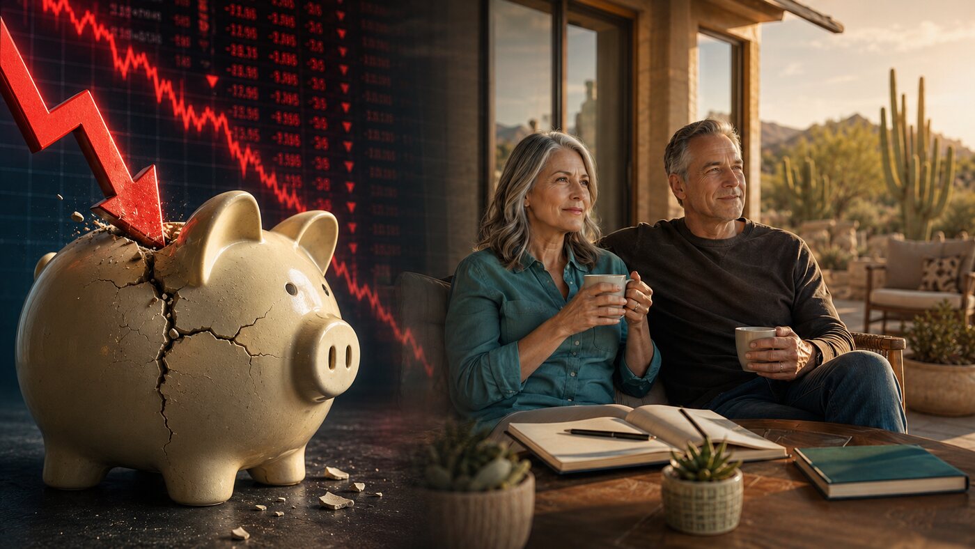 Market loss concern beside a calm Arizona couple reviewing their retirement plan